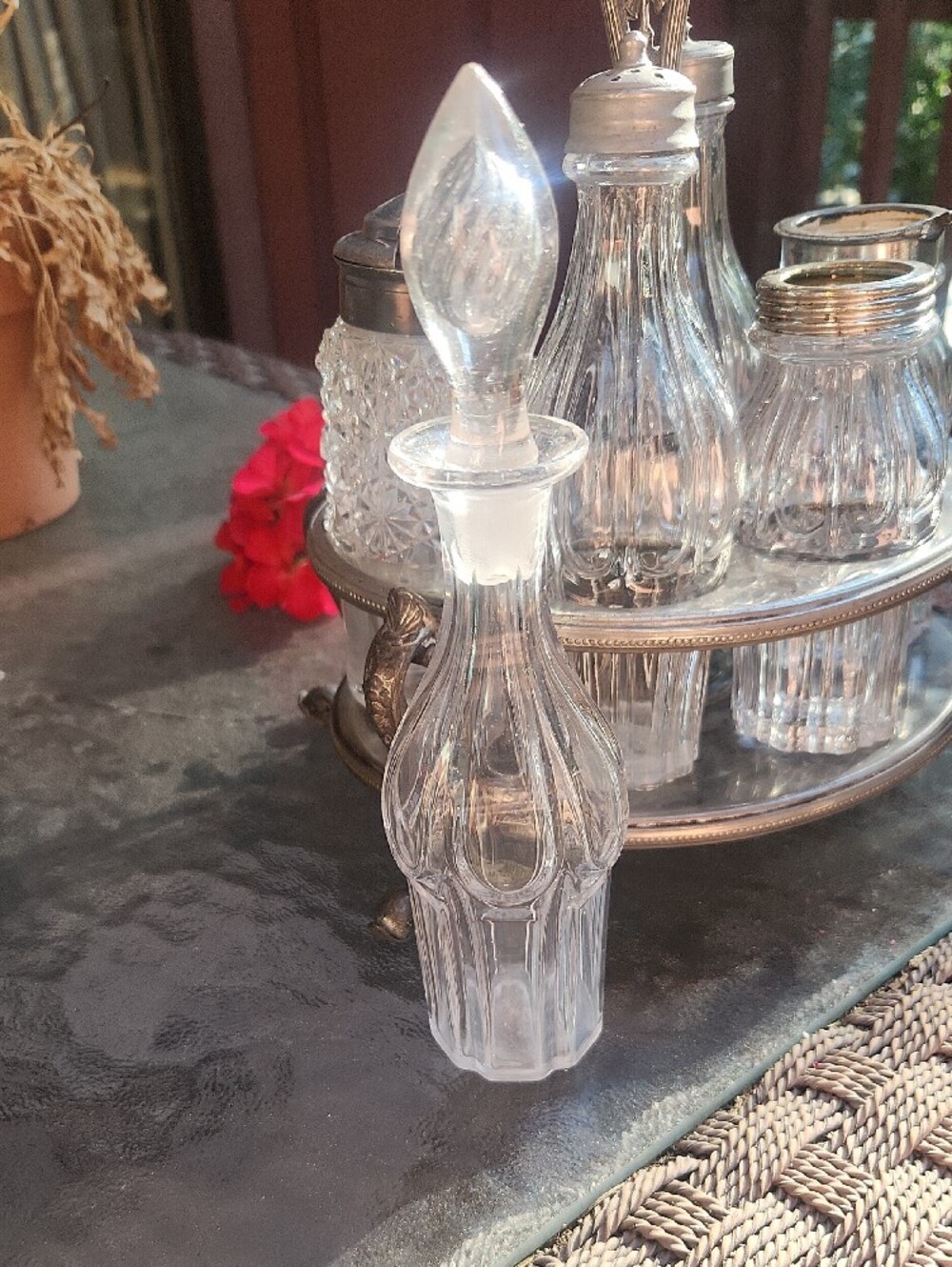 Vintage Silver Condiment Carousel with Clear Glass Bottles - Picture 10 of 16